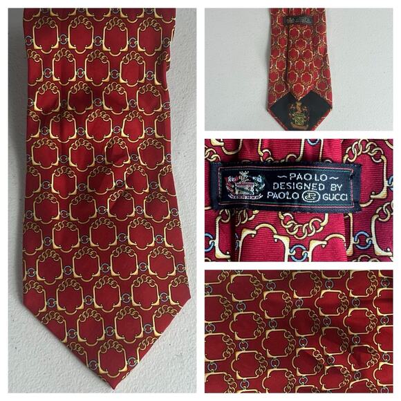 Paolo Gucci Men's Tie Red With Gold Links Geometric Design Vintage - Picture 1 of 8